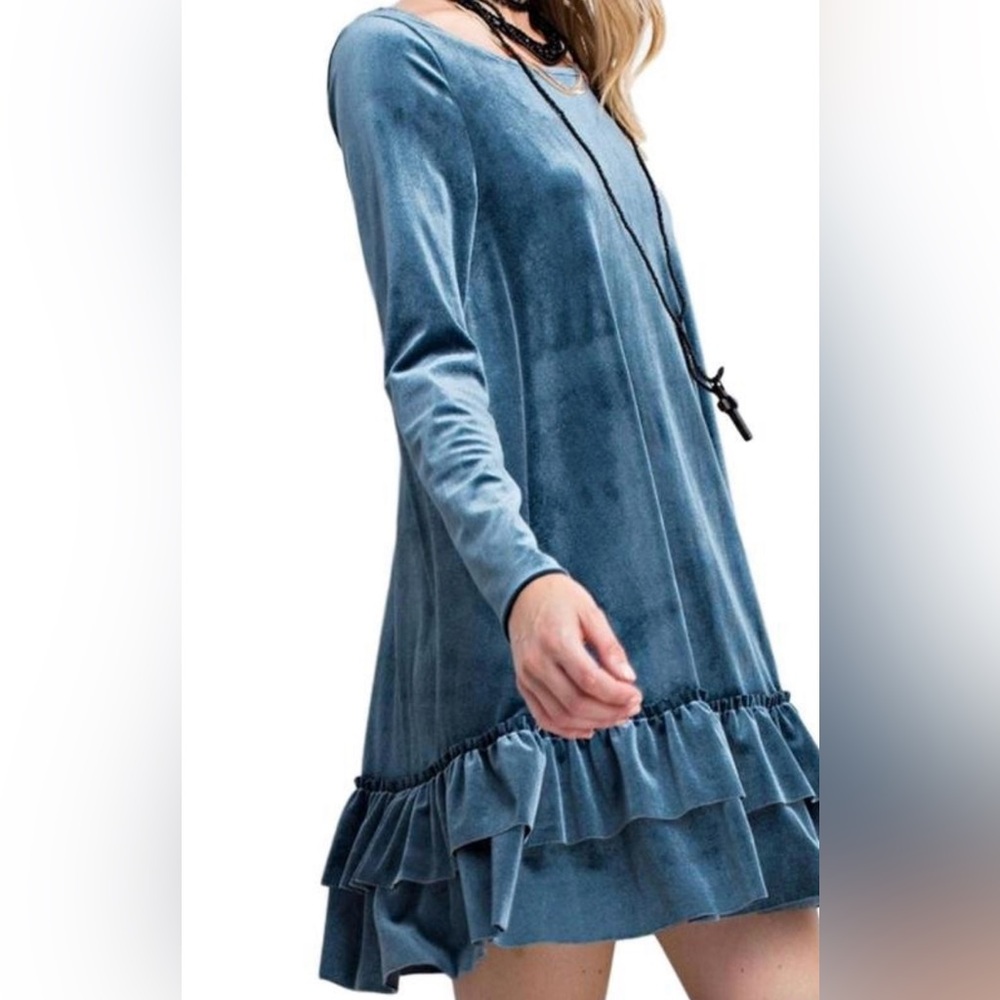 Easel Velour Dark Teal Ruffle Dress Raw Edge Ruffles at Bottom - Picture 1 of 8